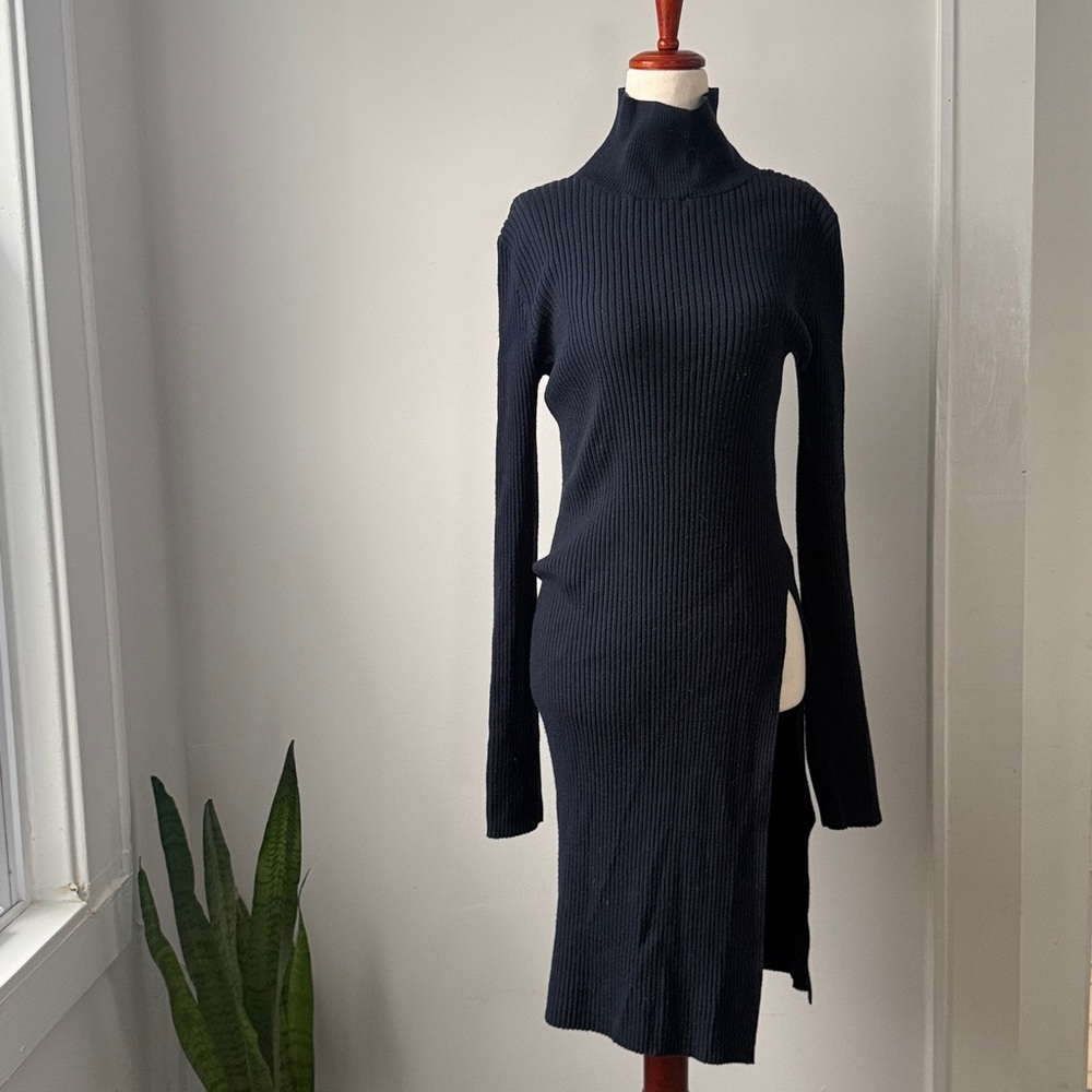Mo & Co. Navy Long Sleeve Ribbed Sweater Dress with Slit Merino Wool Blend